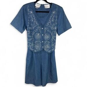 1994 Vintage Chambray Romper Size S/M Embroidered Cottagecore Americana Western